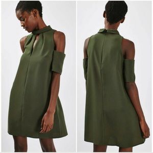 Womens Topshop Army Green Cold Shoulder Shift Dress
